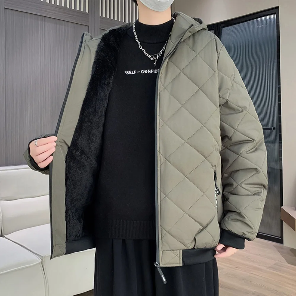 Jackets for Men Blue Hood Fall Winter Cotton Padded Jacket Fashion Clothing Rhombus Texture Casual Parkas Plus Size 5XL