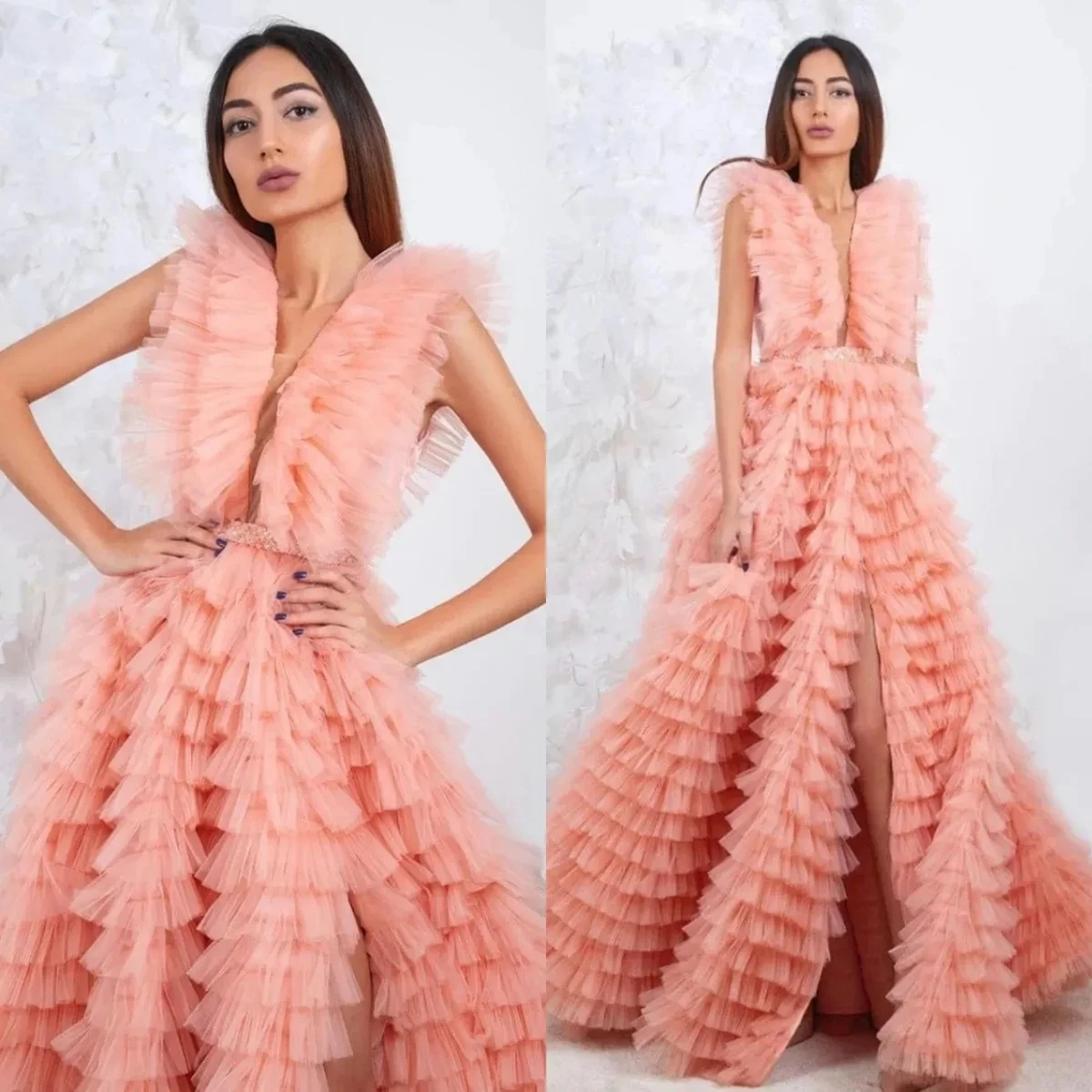 

Elegant Tiered Tulle Long Prom Gown Evening Party Dresses Side Slit Lush Mesh Formal Dress فساتين للحفلات الراقصة vestidos para