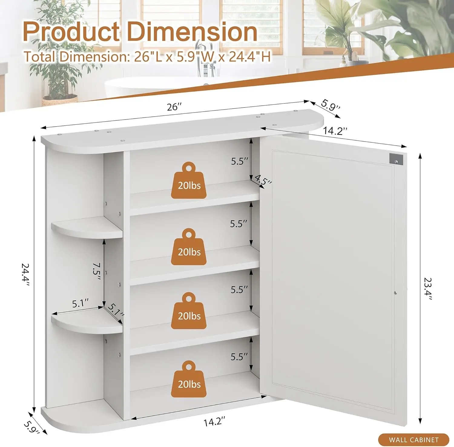 Bathroom Medicine Cabinet, Bathroom Mirror Cabinet Wall Mounted with 6 Side Open Shelves, White Wall Cabinet with Mirror, White