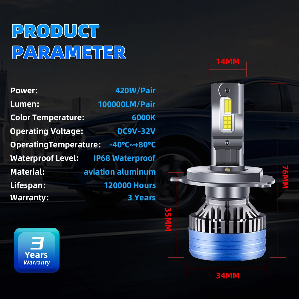 Canbus High Power 420W 100000LM Super Bright H7 H4 H11 LED Headlight H1 H8 H9 9005 HB3 9006 HB4 9012 Turbo Lamp 6000K Car Light