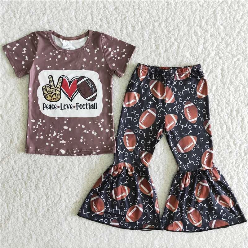 Ropa de moda para bebé y niña, conjunto de ropa infantil de manga corta con diseño de amor la paz, y Top de fútbol con campanas, venta al por mayor| | -