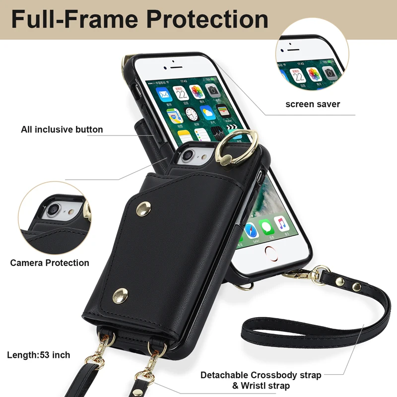 ELVEV Soft PU Leather Zipper Wallet Phone Case with Card Holder, Shockproof Durable Shell and Strap