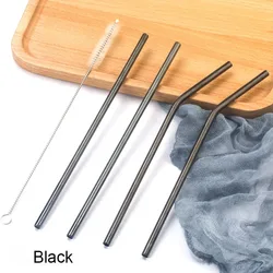 Durable Stainless Steel Reusable Metal Straws with Cleaning Brush for Milkshakes, Bubble Tea, and Smoothies (4PC Black)