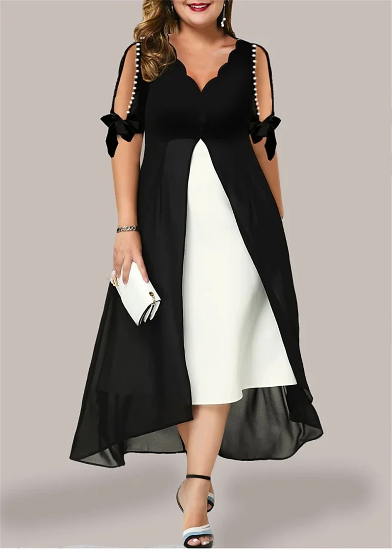 

Elegant Wave V Neck Hollow Out Five-part Sleeve Ladies Commuter Dressy 5XL Women's Gothic Style Fake Two Pieces Splicing Dresses