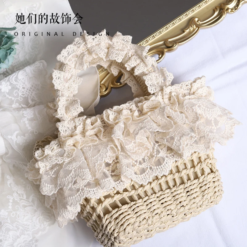 Straw Handbag Original Handmade Lolita French Pastoral Style Lace Edge Mori Girl Beach Woven Bag Female