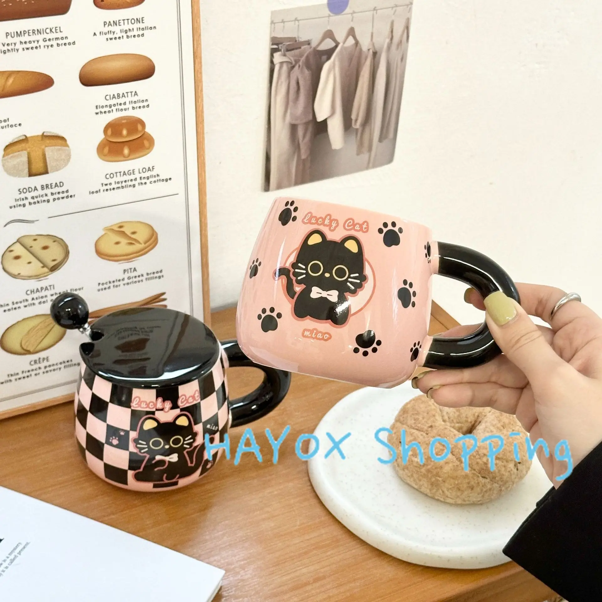 Keramische Cartoon Cat Mok Leuke Ontbijtmok Melk Mok Creatieve Koffiemok met Deksel Paar Cup (Color : A, Size : 301~400ML