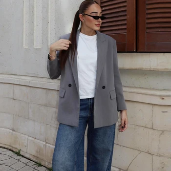 سترة نسائية من HXAO ملابس مكتبية سترة سوداء للأعمال سترة طويلة فضفاضة غير رسمية مزدوجة الصدر سترة رمادية 4