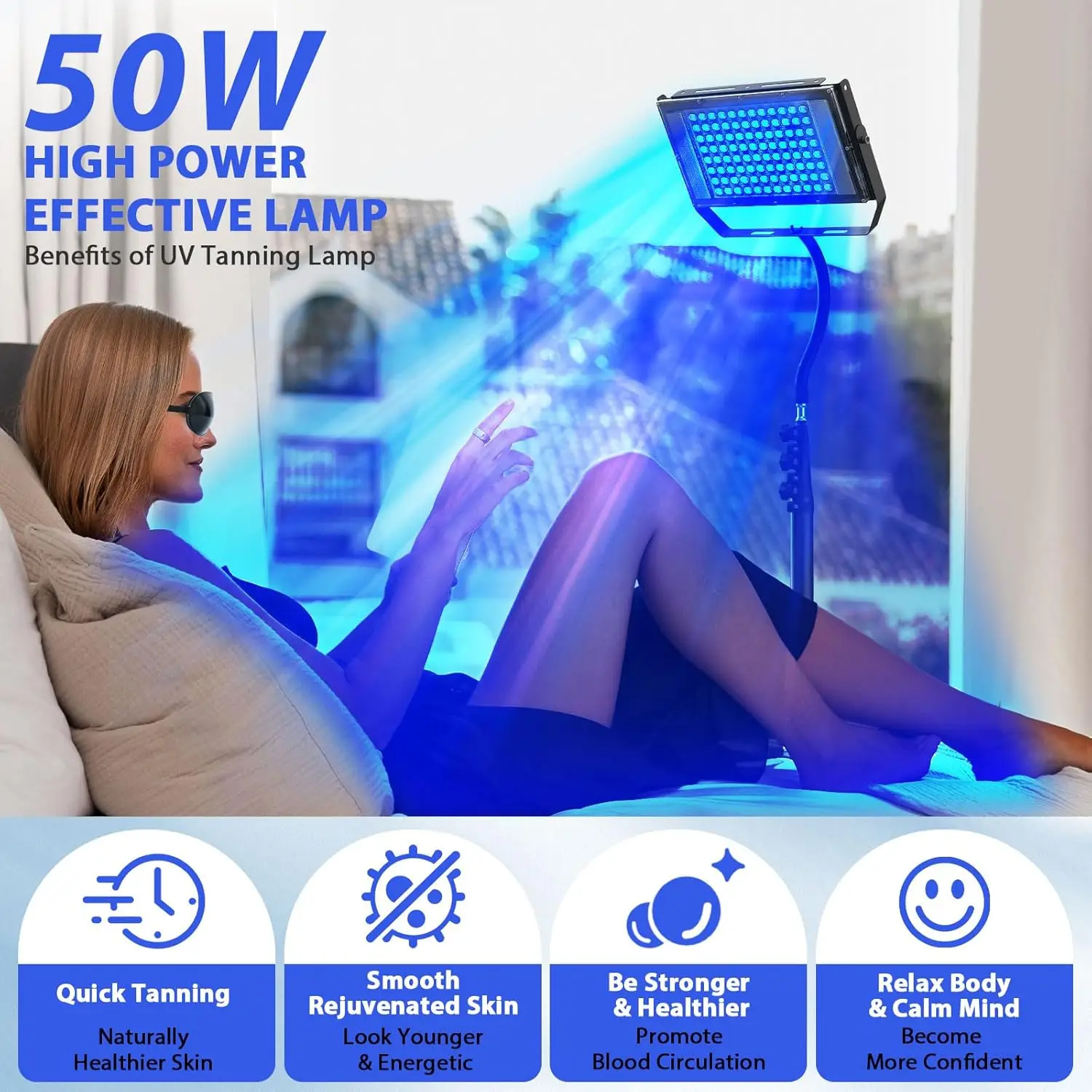 50W Tanning Lamp Tripod Solarium Lamp for UV Tanning Body Wavelength 460nm&480nm 48PCS Blue Light Lamp Solarium Tanning Skincare