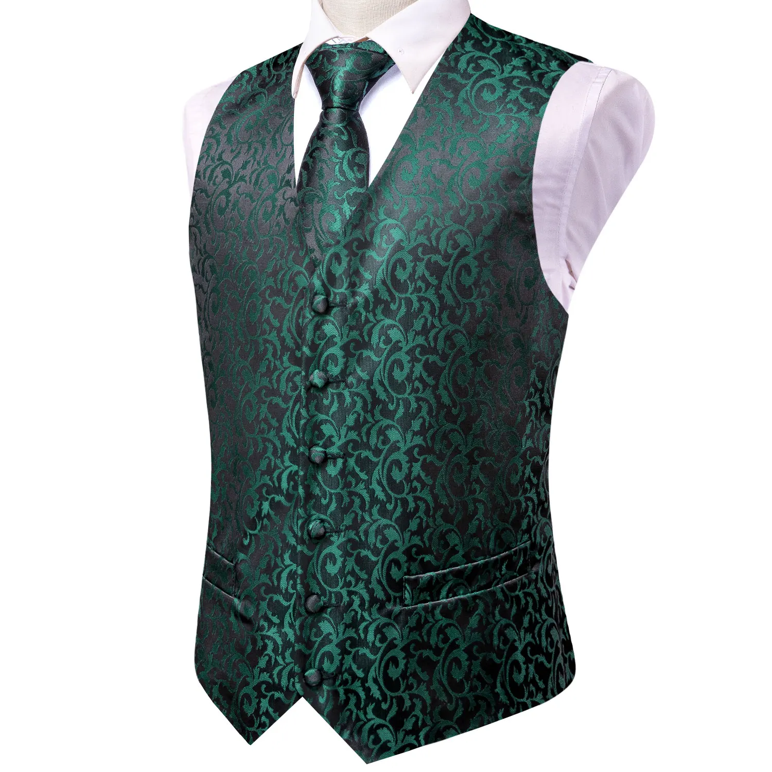 Hi-Tie Men's Silk Vests Fashion Dark Green Floral Jacquard Handkerchief Cufflinks Necktie Sleeveless Wistcoat Sets Wedding Party 5