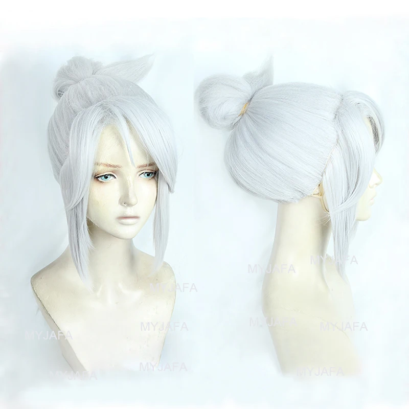 Jett Cosplay Wig Game Valorant Jett Silver White With Bun Short Heat Resistant Synthetic Hair Anime Wigs + Wig Cap