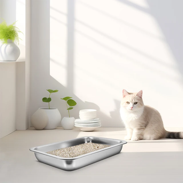 Large Stainless Steel Cat Litter Box Sturdy Non-Slip Pet Toilet for Indoor Cats Easy to Clean Kitten Litter Pan Household Use
