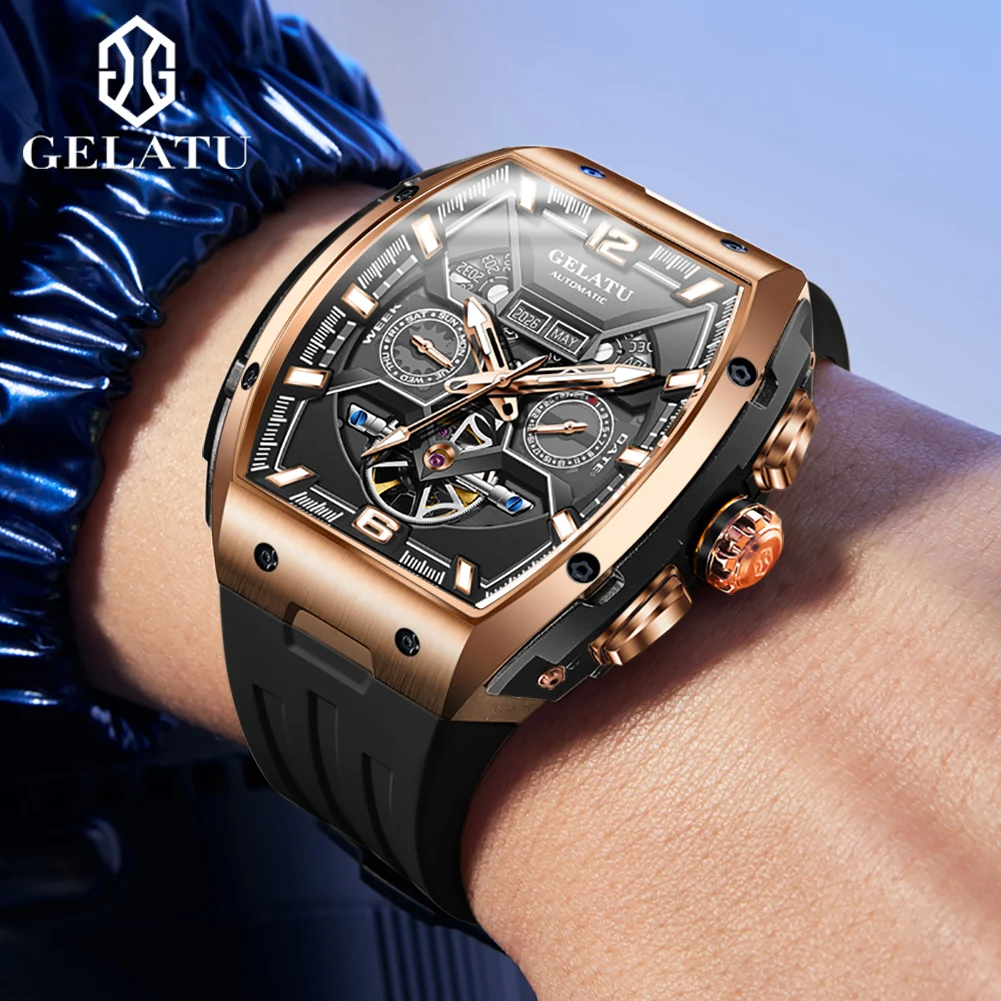GELATU Automatic Watch For Men Original Skeleton High Quality Waterproof Sport Watches Week Date Display Mechanical Watch 6013