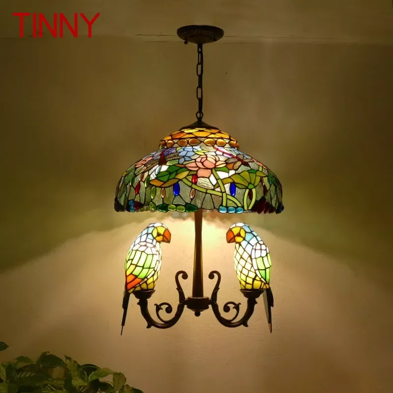 

TINNY Tiffany Parrot Chandelier Vintage Creative Color Glass Living Room restaurant Bedroom Hotel Corridor Pendant Lamp