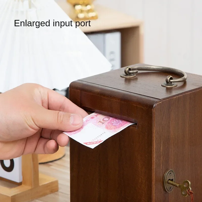 Solid wood piggy bank, Can store and retrieve coins Storage tank, birthday gift Wooden lockable money storage box 4