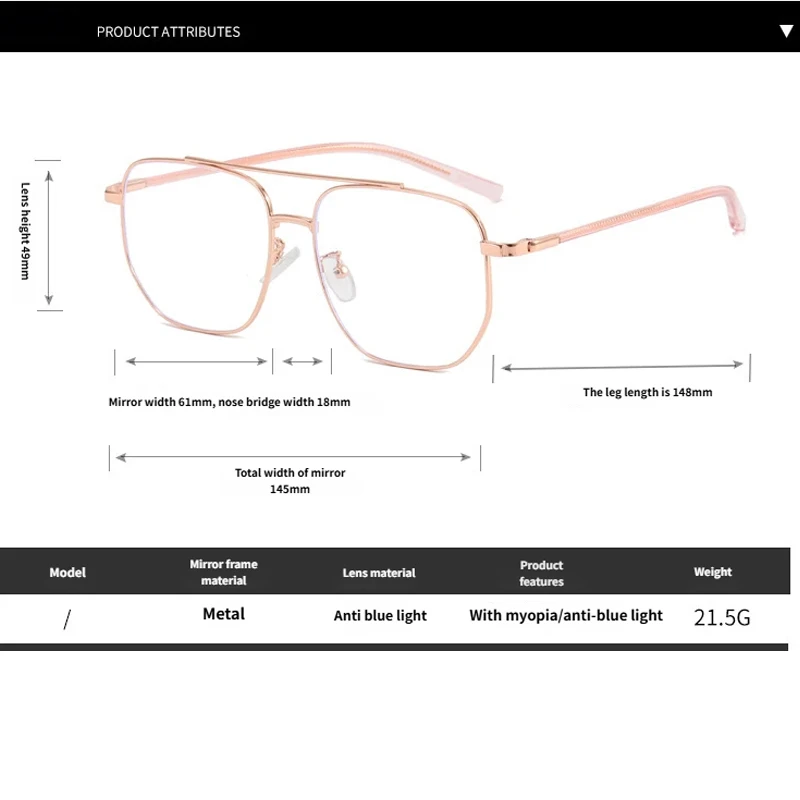 Sleek Blue Light Blocking Fashion Eyeglasses with Metal Double Bridge and Large Frame