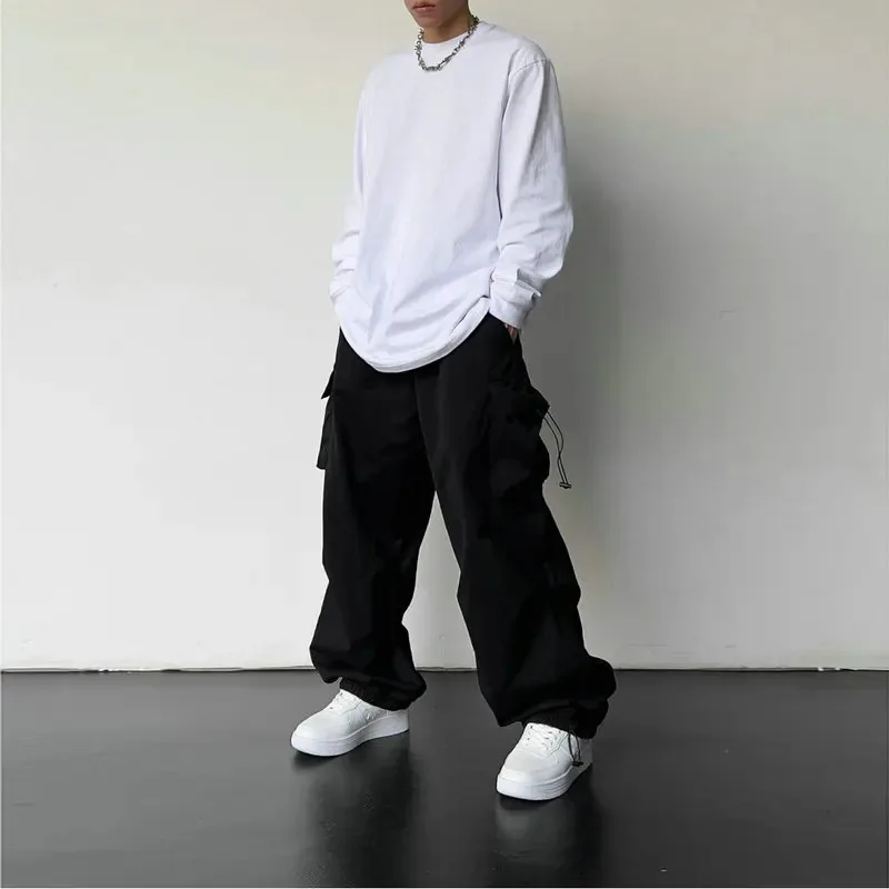 Men's Casual Cargo Pants Fashion Streetwear Classic Man Straight Wide-leg Pants Drawstring Workwear Trendy Loose Cargo Trousers 5