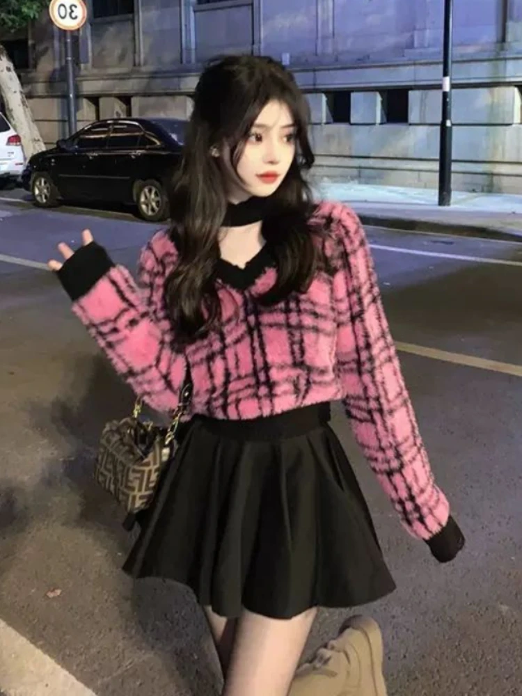 

Deeptown Korean Fashion Pink Cropped Sweater Women Harajuku Plaid Knitted Jumper Sexy V-neck Casual Pullover Tops Y2K Streetwear