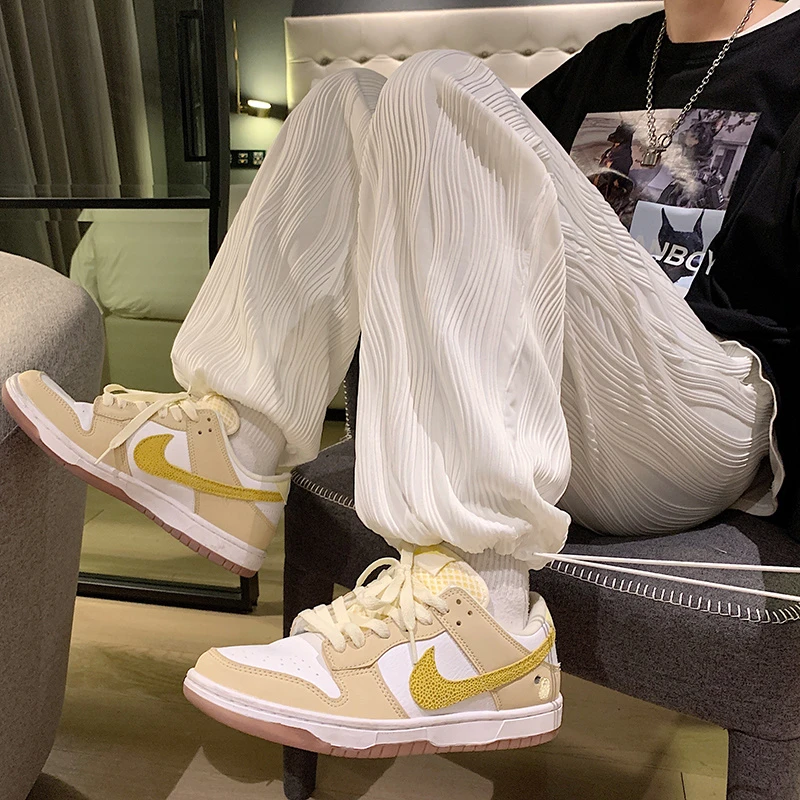 saferido Summer Pleated Pants Men Fashion Oversized Ice Silk Pants Men Streetwear Loose Straight Pants Mens Baggy Trousers M-3XL