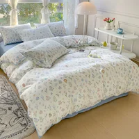 Pastoral Girls Flower Bedding Sets, Washed Cotton Bed Linens, Soft Quilt Cover Sheet Set, Simple Bedspread, Home Textiles 3