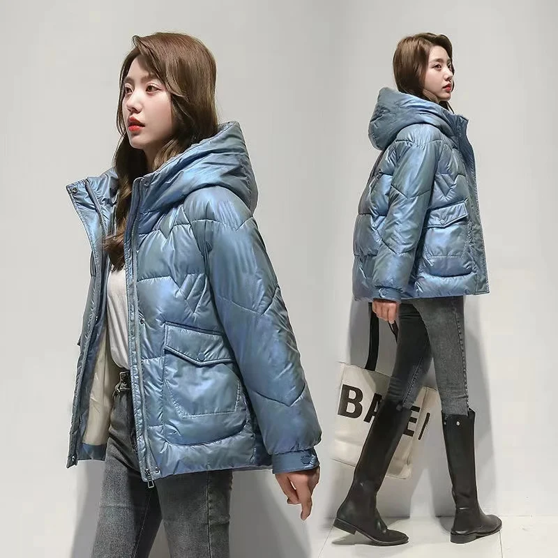 2023 New Glossy Down Cotton Jacket Women Winter Loose Hooded Thicken Warm Outwear Casual Female Parkas Overcoat