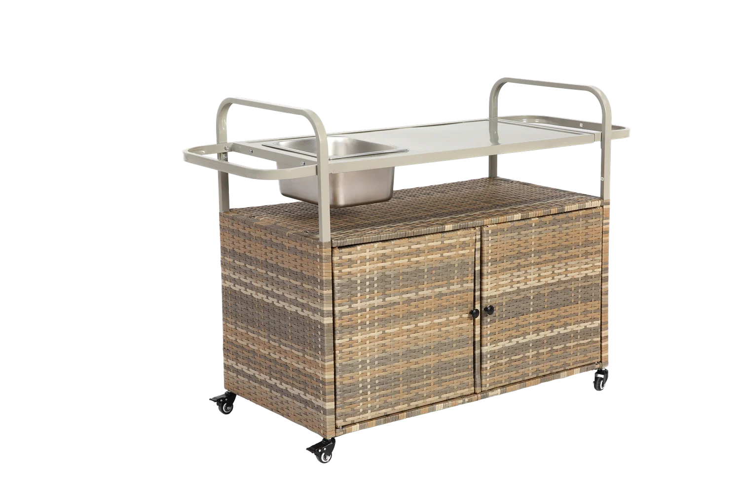 Outdoor Bar Table, Wicker Bar Cart with Cabinet, Patio Serving Cart with steel Top, icebucket, Side Basket, Lockable Wheels