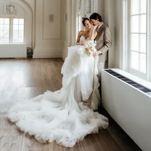 Очаровательное белое многослойное Тюлевое свадебное платье Бохо пляжные свадебные платья свадебное платье с длинным шлейфом платья для выпускного вечера 2023