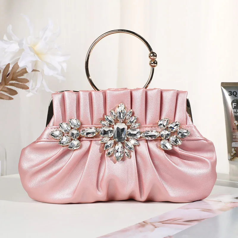 

Elegant Fashion Ladies Clutches Silver Round Handle Handbag New Fashion Champagne Pink Prom Party Evening Bag For Women Handbag