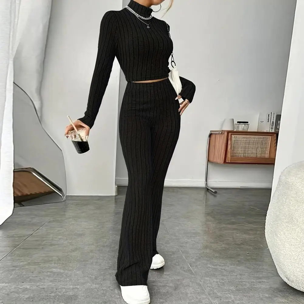 

Solid Color Knitting Outfit Elegant Knitted Winter Outfit Turtleneck Cropped Top High Waist Flared Pants Women's Slim Fit Ribbed