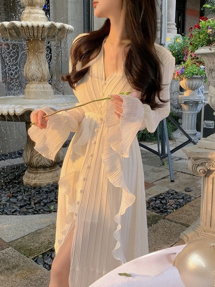 

Pure Color French Elegant Dress Woman Long Sleeve Fairy Midi Dress Casual 2023 Summer Slim Party One Piece Dress Korean Design