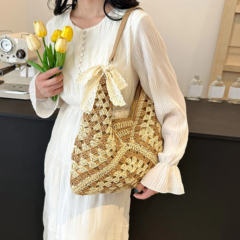 Fashion Straw Women Shoulder Bags Paper Woven Female Handbags Large Capacity Summer Beach Straw Bags Casual Tote Purses