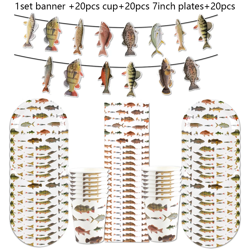 Gegangen Angeln Party Dekore Geschirr Teller Tasse Banner Tischdecke kleine Fischer Thema Kuchen Topper Junge eine Geburtstags feier Versorgung – Detail 7