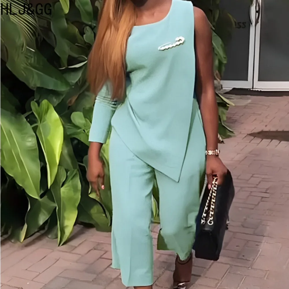 HLJ&GG Green Elegant Lady Solid Color Pants Two Piece Sets Women Round Neck Sleeveless Irregular Top And Pants Outfit Tracksuits