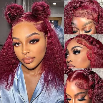 99J Burgundy Deep Wave BOB Lace Front Wigs Human Hair Pre Plucked Wear And Go Glueless 13x4 HD Lace Frontal Short Curly 1