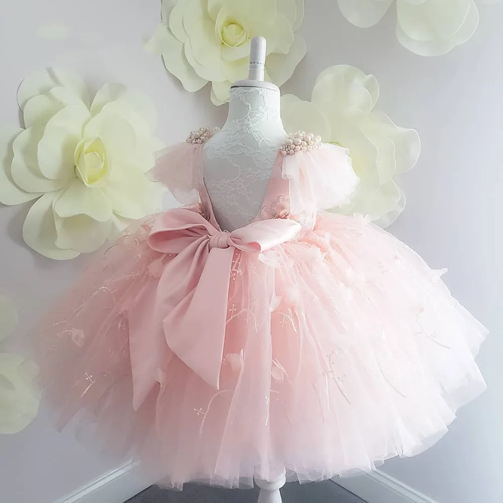 

Flower Girl Dress For Wedding Beaded Puffy Sleeve Floor Length Child First Communion Kids Birthday Party Dress Gowns