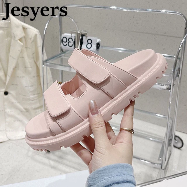 Summer casual soft sole comfortable slippers thick sole mixed color genuine  leather open toe outdoor versatile flat shoes - AliExpress