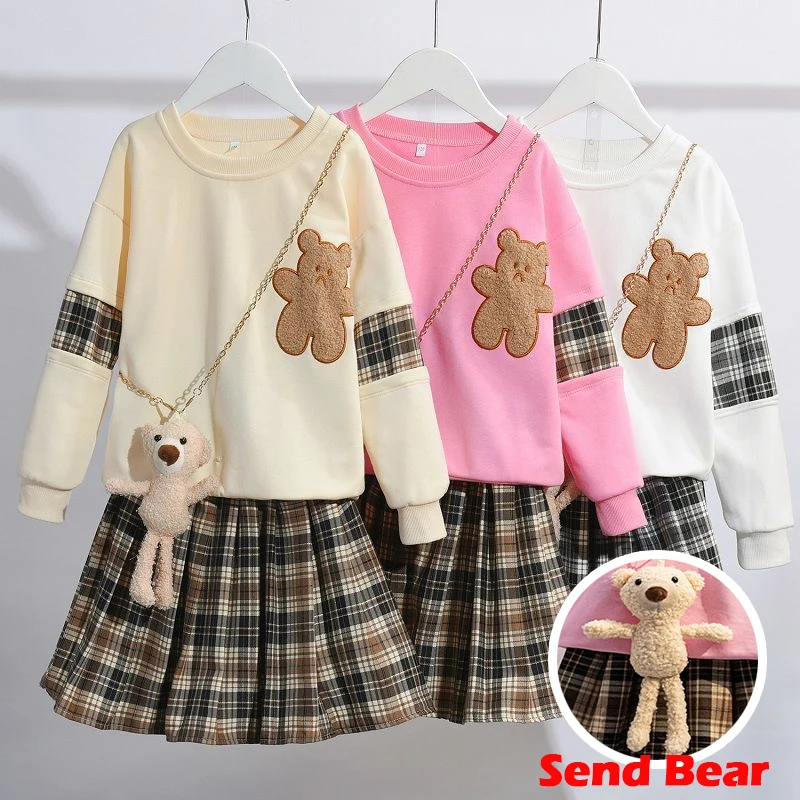 

2-14 Years Teenager Girls Outfits Cute Bear Sweatshirt + Plaid Skirt 2Pcs Suit For Girls Birthday Present Children Clothing Sets