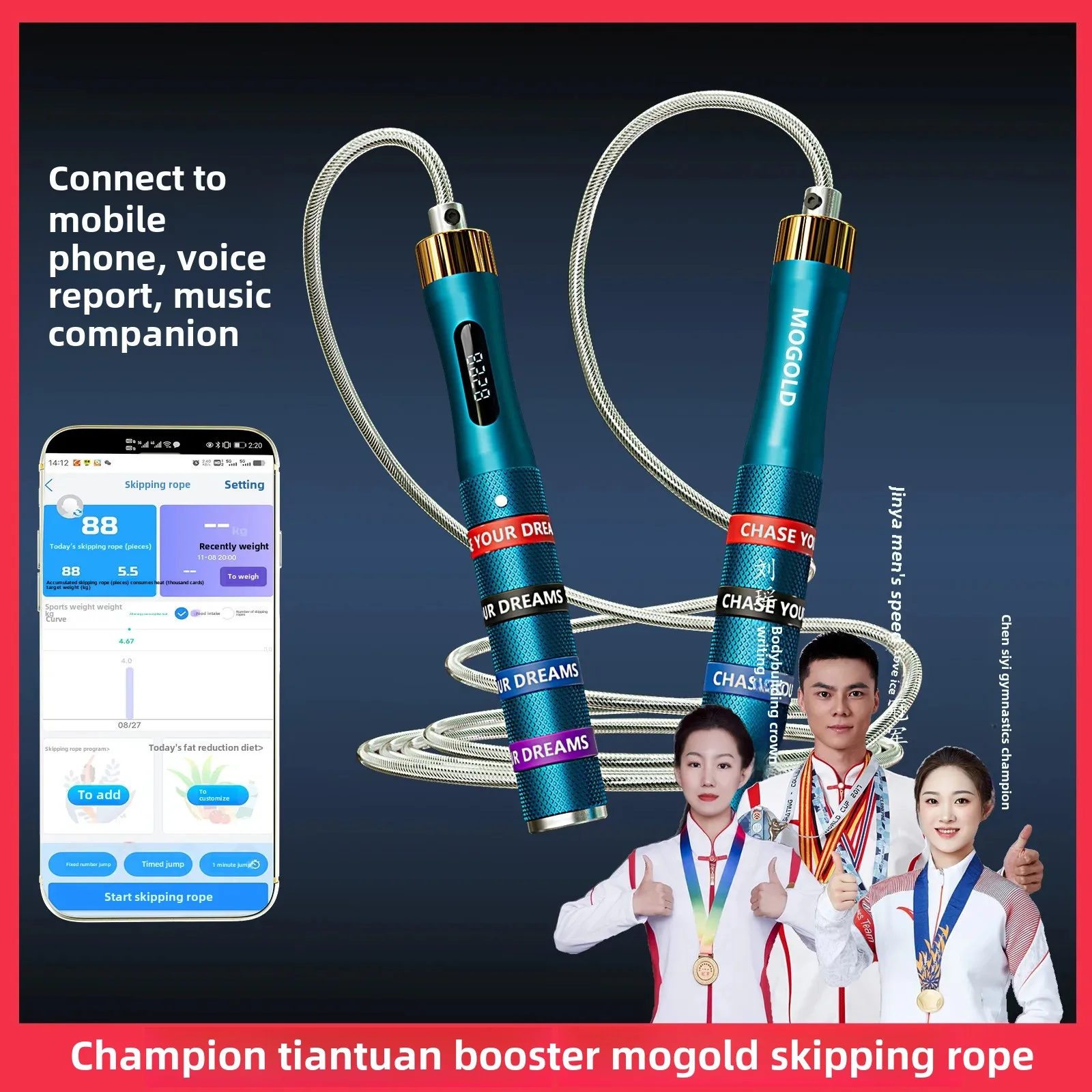 MOGOLD Bluetooth Counting Card Buckle Bearing Jump Rope Four Silicone Straps Aluminum Alloy Fitness Sports Professional Smart Me