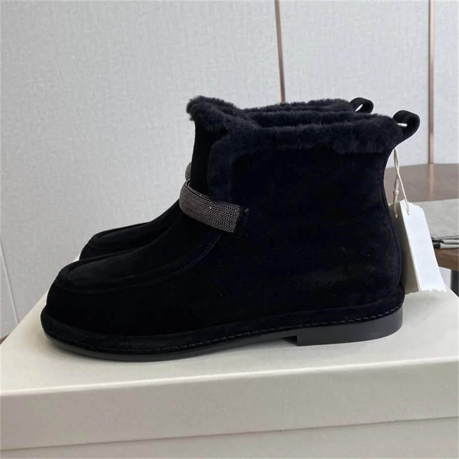 High Quality Winter Suede Leather Inside Fur Flats Heels Ankle Boots Slip On Round Toe Casual Snow Boots Winter Warm Shoes 5