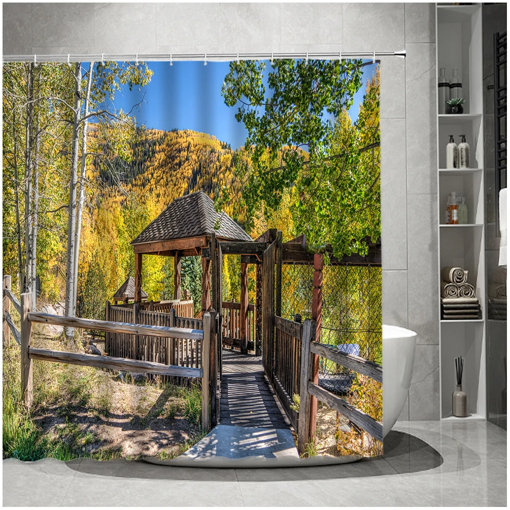 

Arboretum View Shower Curtain Wooden Bridge Garden with Trees in Autumn Nature Scenery Bathroom Decor with Hooks Bath Curtains