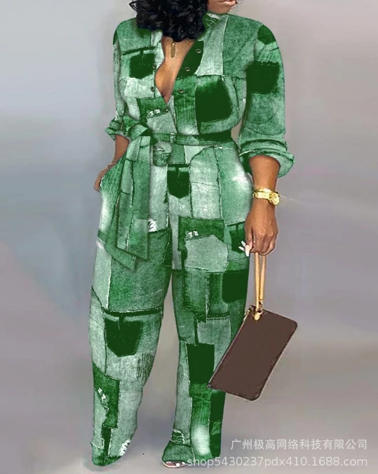 European and American women's 2024 spring/summer new women's casual denim style printed long sleeved strappy jumpsuit