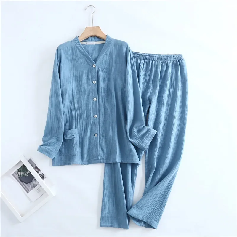 Japanese style spring and autumn women's 100% cotton crepe long-sleeved trousers pajamas comfortable home wear pajama set women