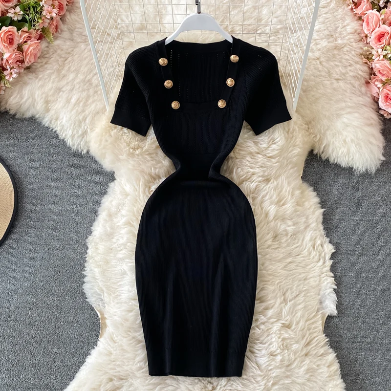 

2022 French Square Neck A-line Skirt Slim Fit Medium Length Sexy Hip Wrap Knit Dress Elegant Slim Fit Party Mini Dress