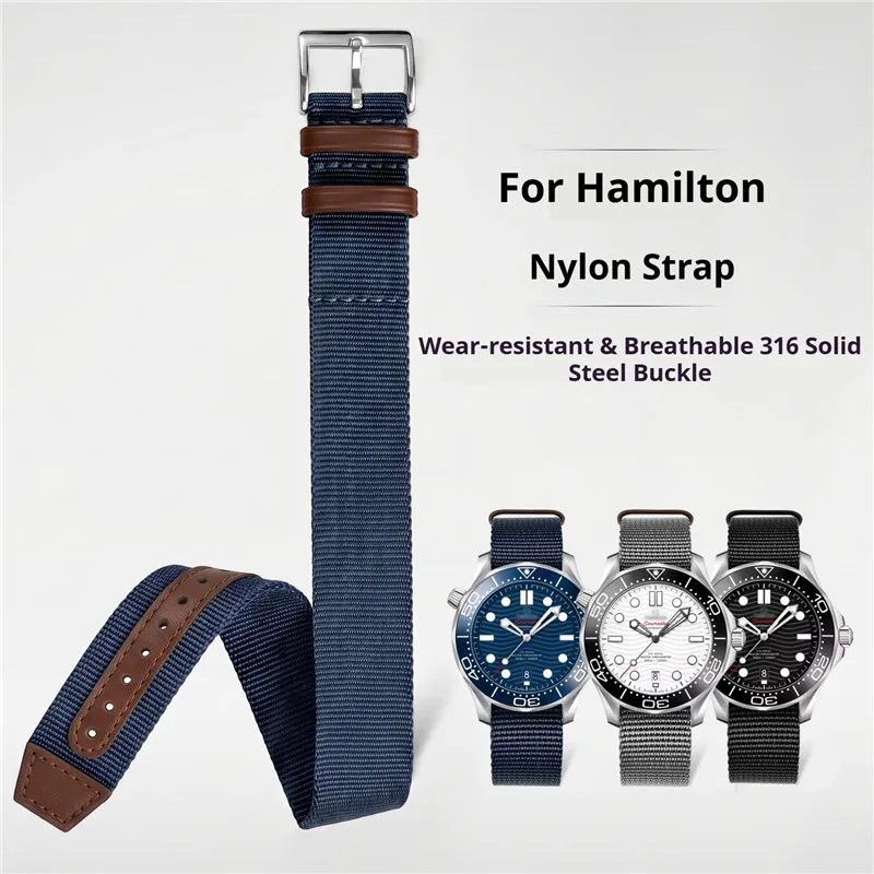 Black Khaki Army Genuine Leather and Nylon Weave Canvas Sport Watch Band Bracelet with Pin Buckle, 20mm or 22mm Strap Size