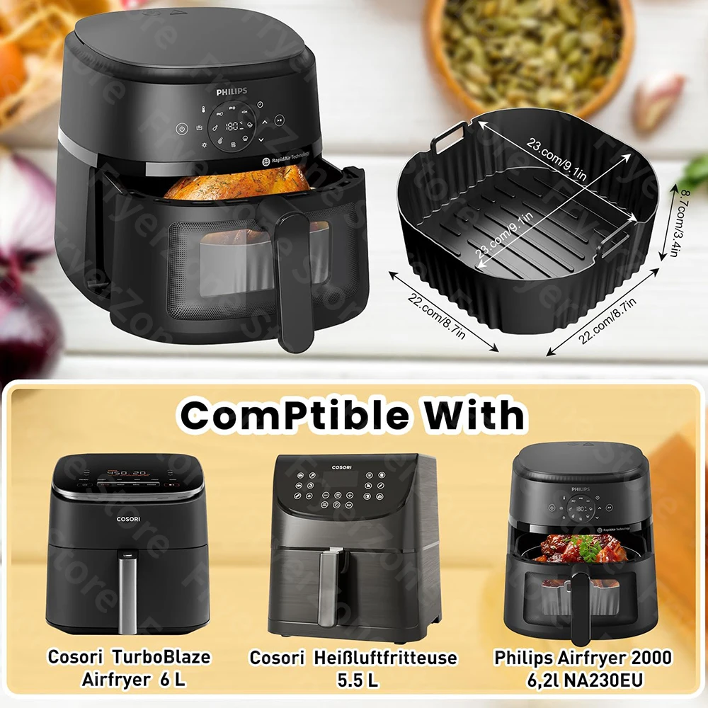 Square Silicone Air Fryer Liners - Reusable 23cm/9inch Tray Insert