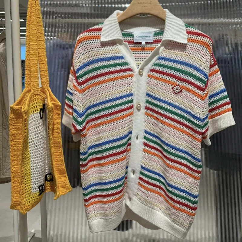 

GYM High Street Men Women Casablanca Sweater Rainbow Stripe Hollow Out Short Sleeve Tops Casa Knitted Shirts