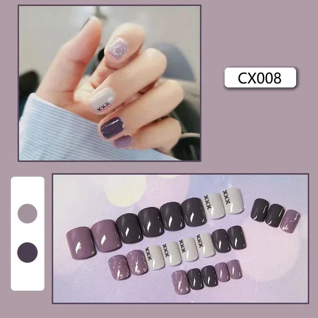 24pcs/box Fake Nails Press on Short Reusable with Designs Set French Artificial Pink False Tipsy Stick-on Nails Tips Art CX008