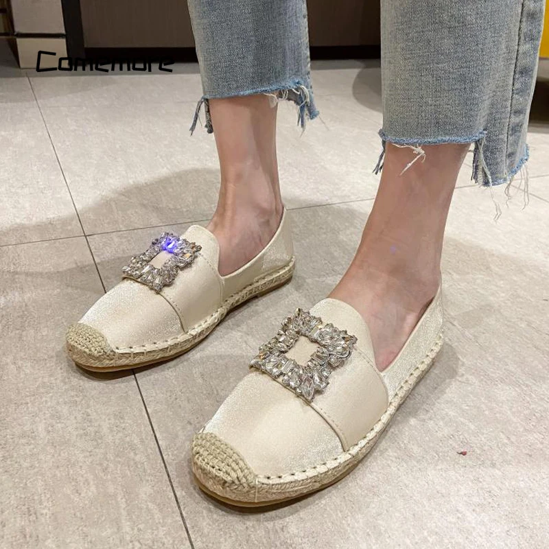Comemore Woman Crystal Buckle Loafers Ladies Design Elegant Slip-on Fishman Shoes Luxury Satin Silk Espadrille Moccasins Size 43