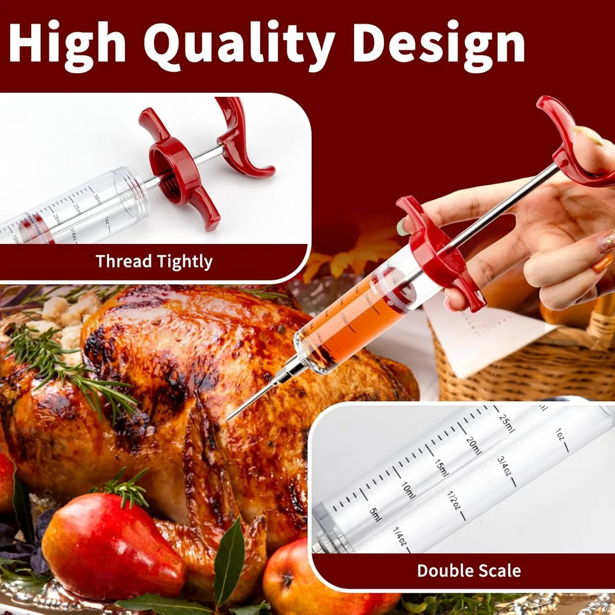 Meat Syringe Barbecue Marinade Syringe Stainless Steel Meat Needle Barbecue Turkey with 3 Marinade Injection Needles