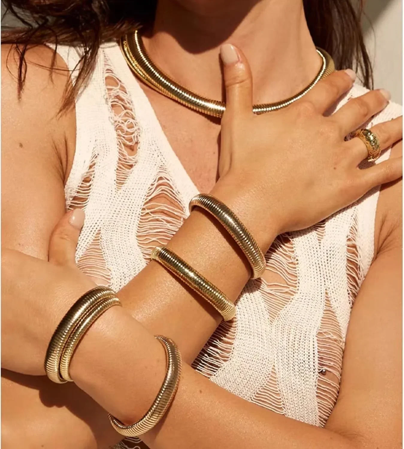 Gold Bangles for Women Chunky Stretch Bangles Bracelets Set 18K Gold Plated Stainless Steel Bracelets Flexible Wide Wristband 5