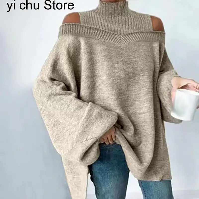 

2023 Cold Shoulder Rib Knitwear Sweater Women Turtleneck Hollow Out Autumn Pullover Winter Loose Long Sleeve Top Sweaters